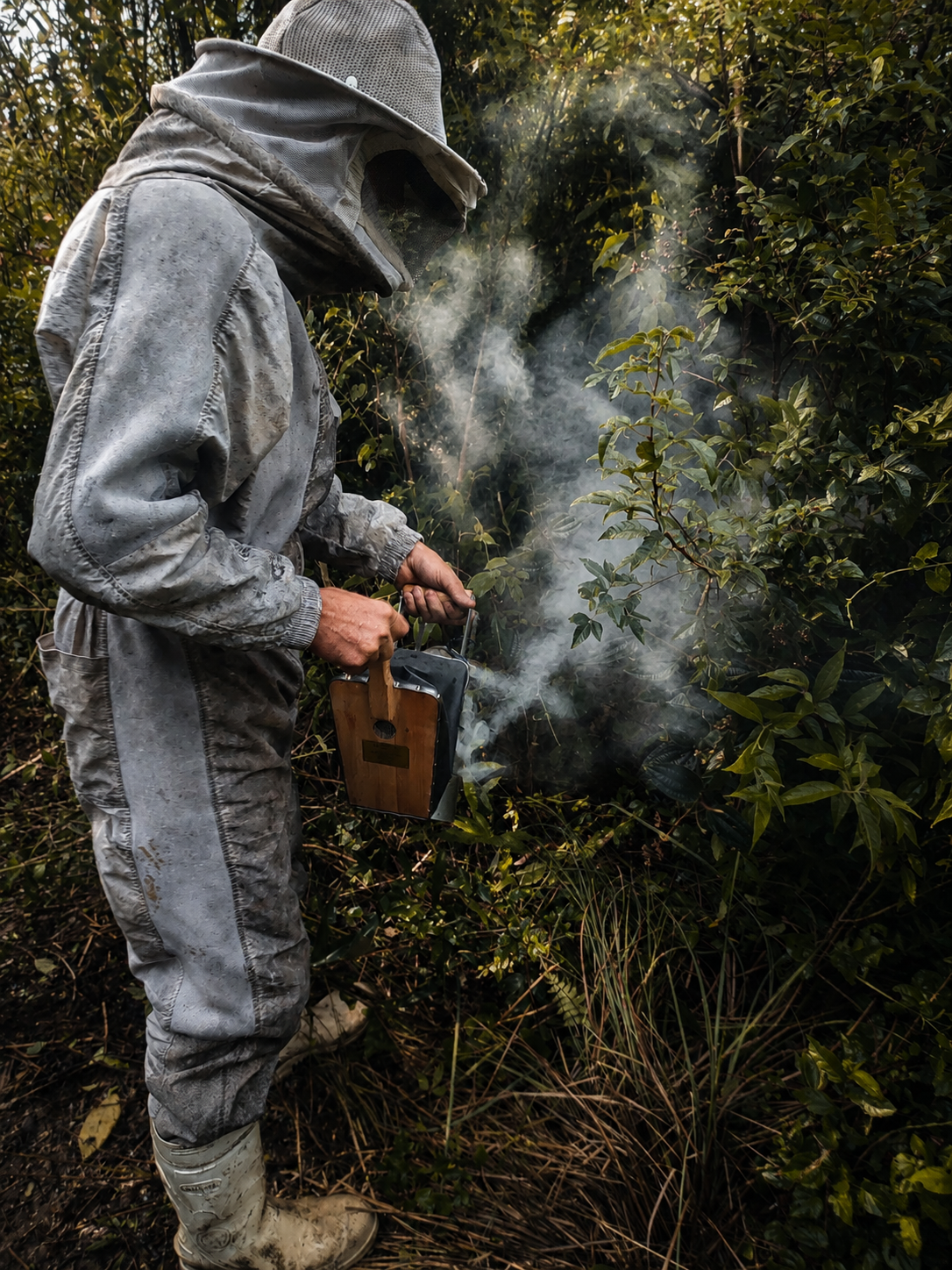 Manejo tecnico de abelhas com fumaca em area de vegetacao